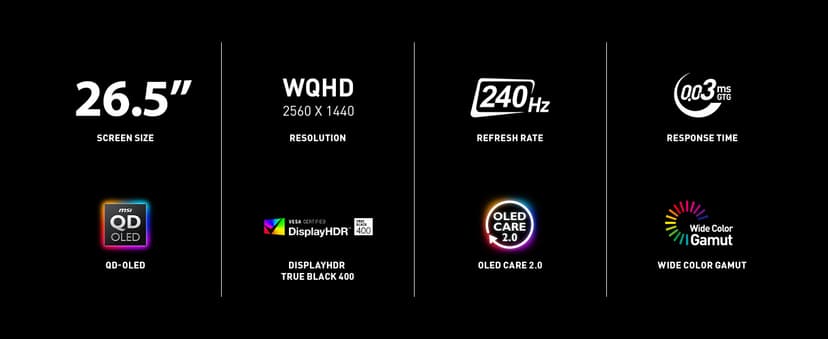 MSI MAG 271QP QD-OLED X24 27-inch 2560 x 1440 (QHD) Gaming Monitor, 240Hz, Adaptive-Synch, HDMI, DisplayPort, VESA Mountable, Tilt, Height Adjustable, Speaker, 0.03ms, Black