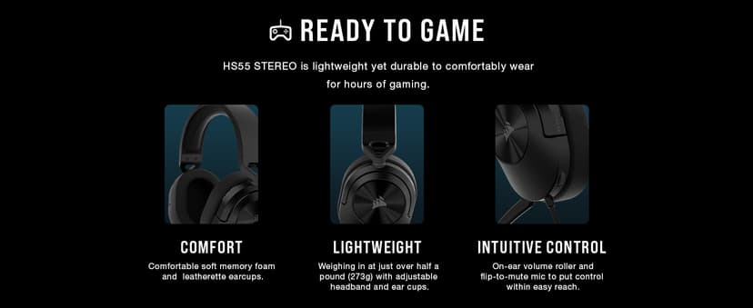 Corsair HS55 Stereo Gaming Headset (Leatherette Memory Foam Ear Pads, Lightweight, Omni-Directional Microphone, PC, Mac, PS5/PS4, Xbox Series X | S, Nintendo Switch, Mobile Compatibility) White
