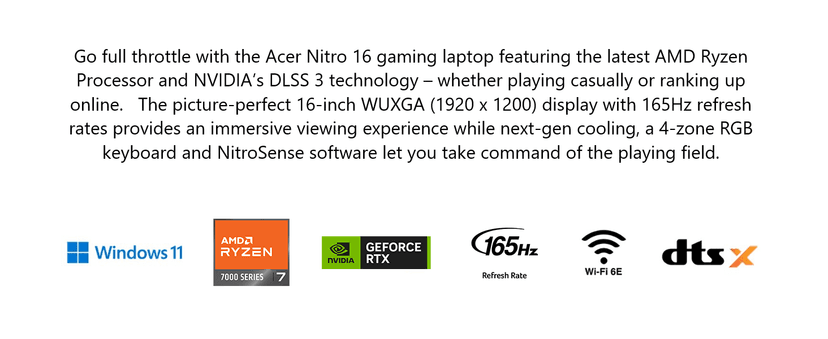 Acer Nitro 16 Gaming Laptop | AMD Ryzen 7 7840HS OctaCore CPU | NVIDIA GeForce RTX 4060 Laptop GPU | 16" WUXGA 165Hz IPS Display | 16GB DDR5 | 512GB Gen 4 SSD | WiFi 6E | RGB Backlit KB | AN16-41-R1WE