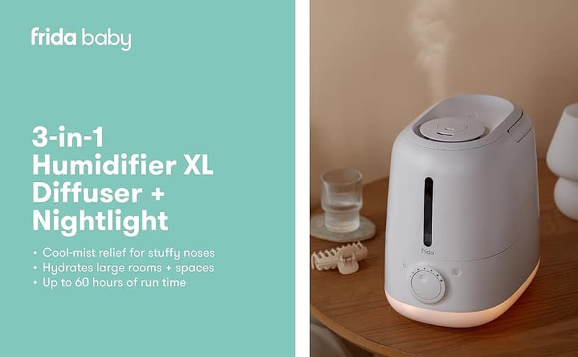 Frida Baby 3-in-1 XL Top Fill Humidifier for Bedroom, Allergy Relief, 6L Tank Cool Mist Humidifier for Large Rooms + Diffuser, Nightlight, Auto Shut-Off, Quiet, Carry Handle, Essential Oil Diffuser