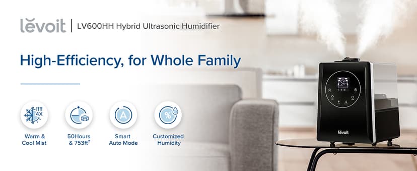 LEVOIT LV600HH 6L Warm and Cool Mist Ultrasonic Humidifier, Rapid Humidification for Bedroom Large Room, Essential Oil Diffuser, Humidity Setting with Built-in Sensor, Auto Mode, Timer, Remote Control