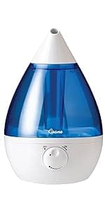 Crane Ultrasonic Cool Mist Teardrop Humidifier for Baby Nursery, Bedroom, Office, Large Room, Adjustable Humidity, Auto Shut-Off, Easy Clean Blue & White 1 Gallon