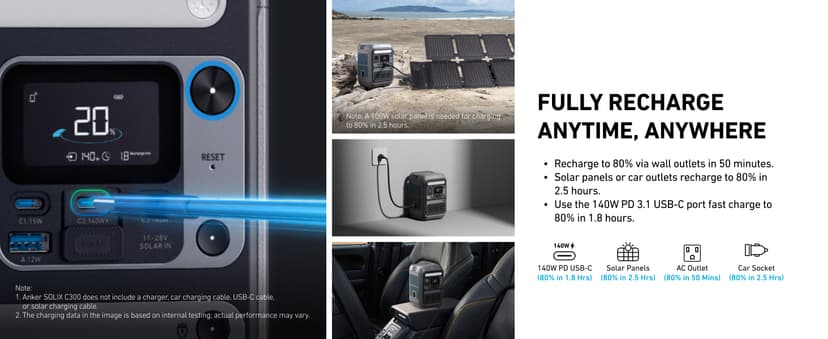 Anker Portable Power Station SOLIX C300, 288Wh LiFePO4 Battery, 300W (600W Surge) Solar Generator, 140W Two-Way Fast Charging, for Outdoor Camping, Traveling, and Emergencies (Solar Panel Optional)