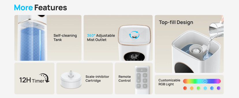 Dreo 11L Smart Humidifier Large Room 700 ft², 100H Cool Mist Air Humidifiers for Bedroom Baby Plants, Top-Fill Self-Cleaning Tank, 26dB, Auto Mode, RGB Light, Remote & APP Control, HM735S White