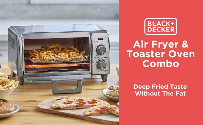 BLACK+DECKER Crisp 'N Bake Air Fry Countertop Convection Toaster Oven, Medium Capacity, 4-Slice, 5-in-1, Fits 9” Pizza, 30-Min Timer, Bake, Broil, Air Fry, Toast, Keep Warm, Stainless Steel