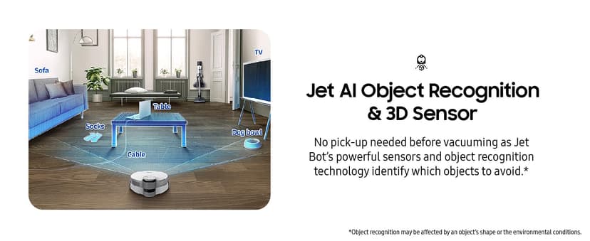 SAMSUNG Jet Bot AI+ Robot Vacuum Cleaner w/ Object Recognition, Intelligent Cleaning, Clean Station, 5-Layer Filter, Touchless Dust Removal for Hardwood Floors, Carpets, VR50T95735W, White