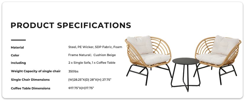 Grand patio 3-Piece Outdoor Furniture Set - Wicker Sofa with Thick Beige Cushions, Patio Coffee Table, Perfect for Porch, Backyard, Balcony, Garden