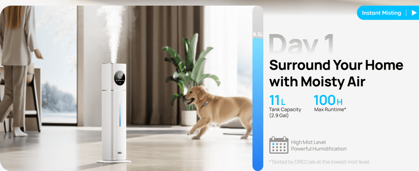 Dreo 11L Smart Humidifier Large Room 700 ft², 100H Cool Mist Air Humidifiers for Bedroom Baby Plants, Top-Fill Self-Cleaning Tank, 26dB, Auto Mode, RGB Light, Remote & APP Control, HM735S White