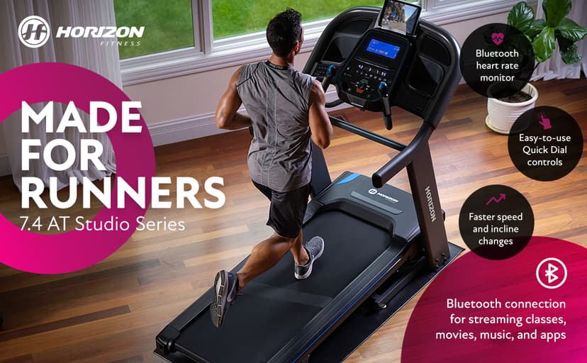 Horizon Fitness 7.4 at Studio Series Smart Treadmill with Bluetooth and Incline, Heavy Duty Folding Treadmill 350 lbs Weight Capacity, Pro Running Machine for Home Exercise and Running with Apps