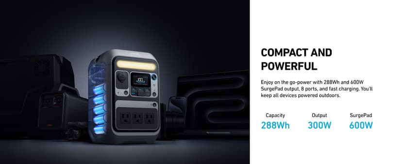 Anker Portable Power Station SOLIX C300, 288Wh LiFePO4 Battery, 300W (600W Surge) Solar Generator, 140W Two-Way Fast Charging, for Outdoor Camping, Traveling, and Emergencies (Solar Panel Optional)