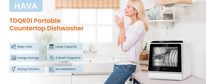 HAVA Countertop Dishwasher, 6 Programs Portable Dishwashers with 5L Built-in Water Tank, No Hookup Needed, Baby Care & Air-Drying Function for Apartments and RVs