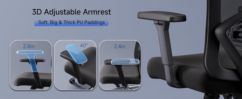 Ticova Ergonomic Office Chair - High Back Desk Chair with Adjustable Lumbar Support, Headrest & 3D Armrest - 130°Rocking Mesh Computer Chair