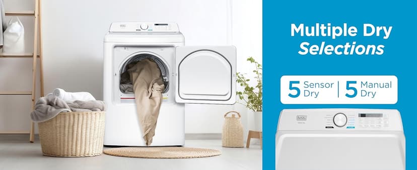 BLACK+DECKER 7.0 Cu. Ft. Front Load Dryer, Clothes Dryer with LED Display and Dial Control, 5 Senor and Manual Dry Selections, Wrinkle Care, 240V, BLD67ME, White