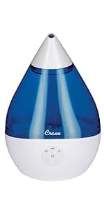 Crane Ultrasonic Cool Mist Teardrop Humidifier for Baby Nursery, Bedroom, Office, Large Room, Adjustable Humidity, Auto Shut-Off, Easy Clean Blue & White 1 Gallon