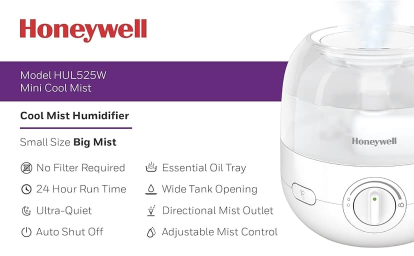 Honeywell Mini Cool Mist humidifier, Easy to Fill and Clean, humidifier for small Bedroom, Kids Rooms, or office. Ultra Quiet Operation and Auto Shut-Off - White, HUL525W
