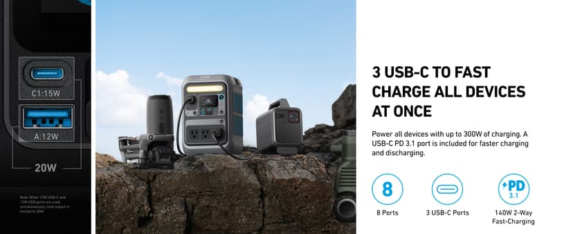 Anker Portable Power Station SOLIX C300, 288Wh LiFePO4 Battery, 300W (600W Surge) Solar Generator, 140W Two-Way Fast Charging, for Outdoor Camping, Traveling, and Emergencies (Solar Panel Optional)