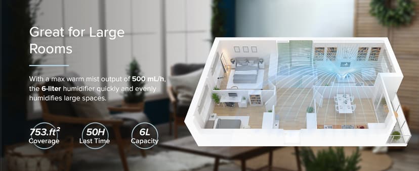 LEVOIT LV600HH 6L Warm and Cool Mist Ultrasonic Humidifier, Rapid Humidification for Bedroom Large Room, Essential Oil Diffuser, Humidity Setting with Built-in Sensor, Auto Mode, Timer, Remote Control