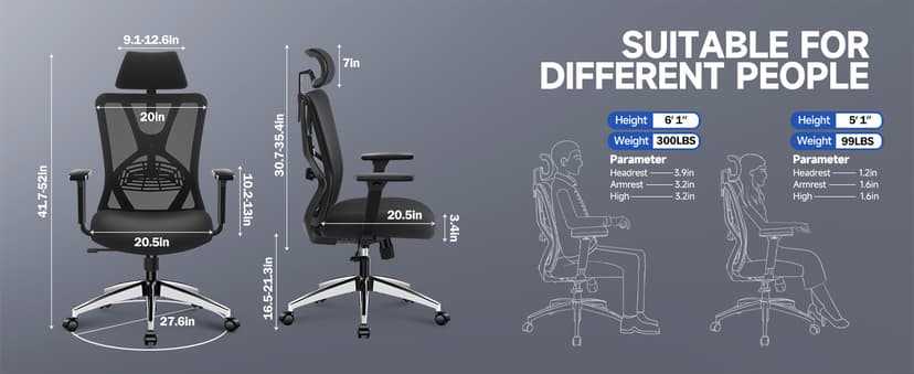 Ticova Ergonomic Office Chair - High Back Desk Chair with Adjustable Lumbar Support, Headrest & 3D Armrest - 130°Rocking Mesh Computer Chair
