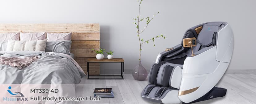 MassaMAX MT339 4D Massage Chair, Full Body Shiatsu Recliner with Electric Extendable Footrest, Zero Gravity, SL Track, Deep Yoga Stretch, 15 Modes, Foot Rollers, and Heating (Space White)