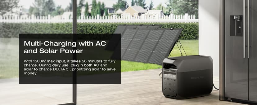 EF ECOFLOW DELTA 3 Portable Power Station, 1024Wh LiFePO4 Battery, Full Charge in 56 Min, 1800W AC/100W USB-C Output, Solar Generator(Solar Panel Optional) for Home Backup Power, Camping & RVs