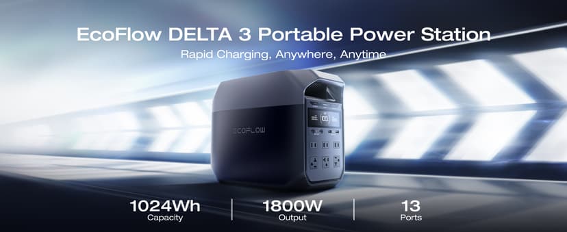 EF ECOFLOW DELTA 3 Portable Power Station, 1024Wh LiFePO4 Battery, Full Charge in 56 Min, 1800W AC/100W USB-C Output, Solar Generator(Solar Panel Optional) for Home Backup Power, Camping & RVs