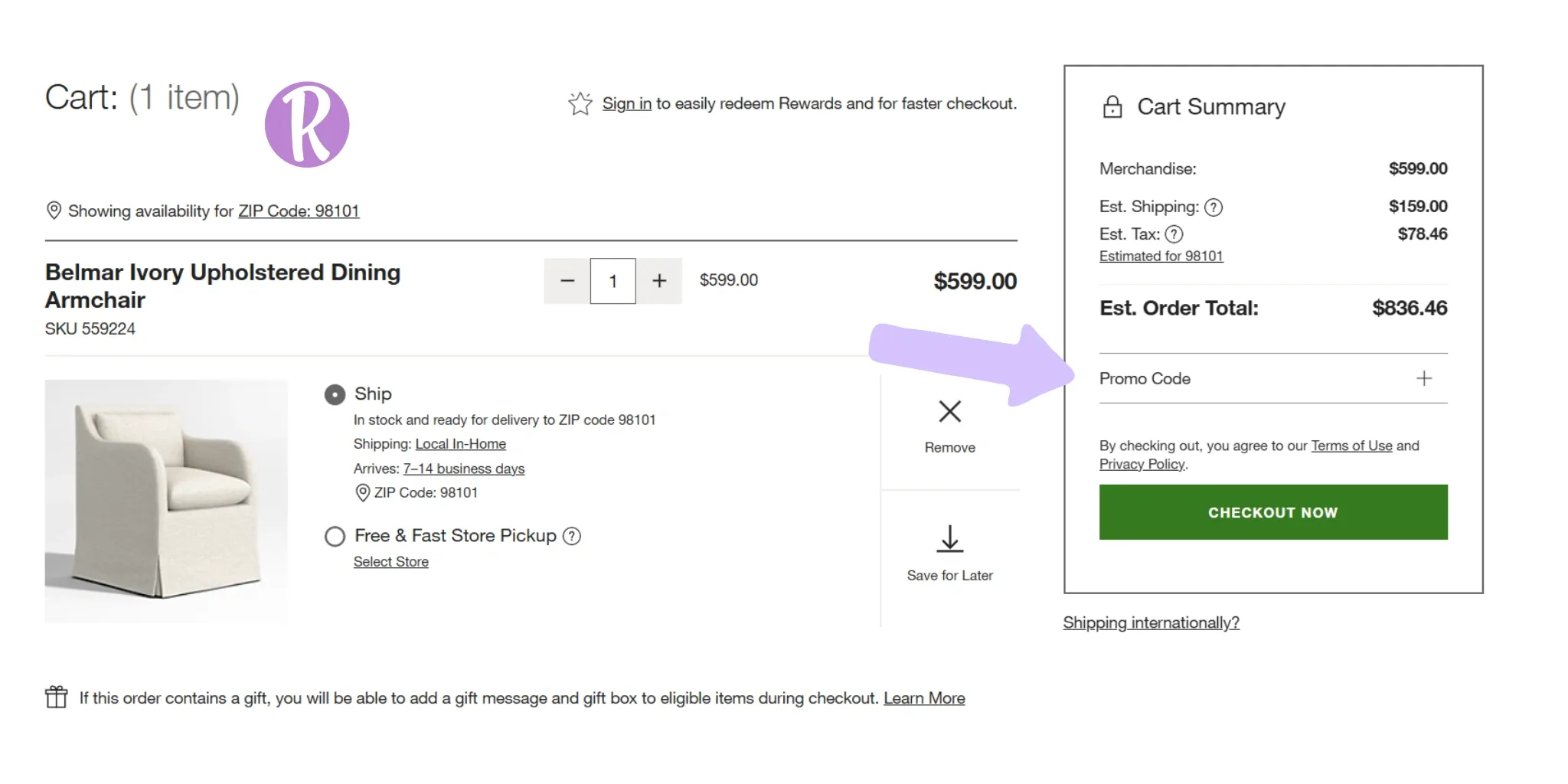 Crate & Barrel checkout interface.