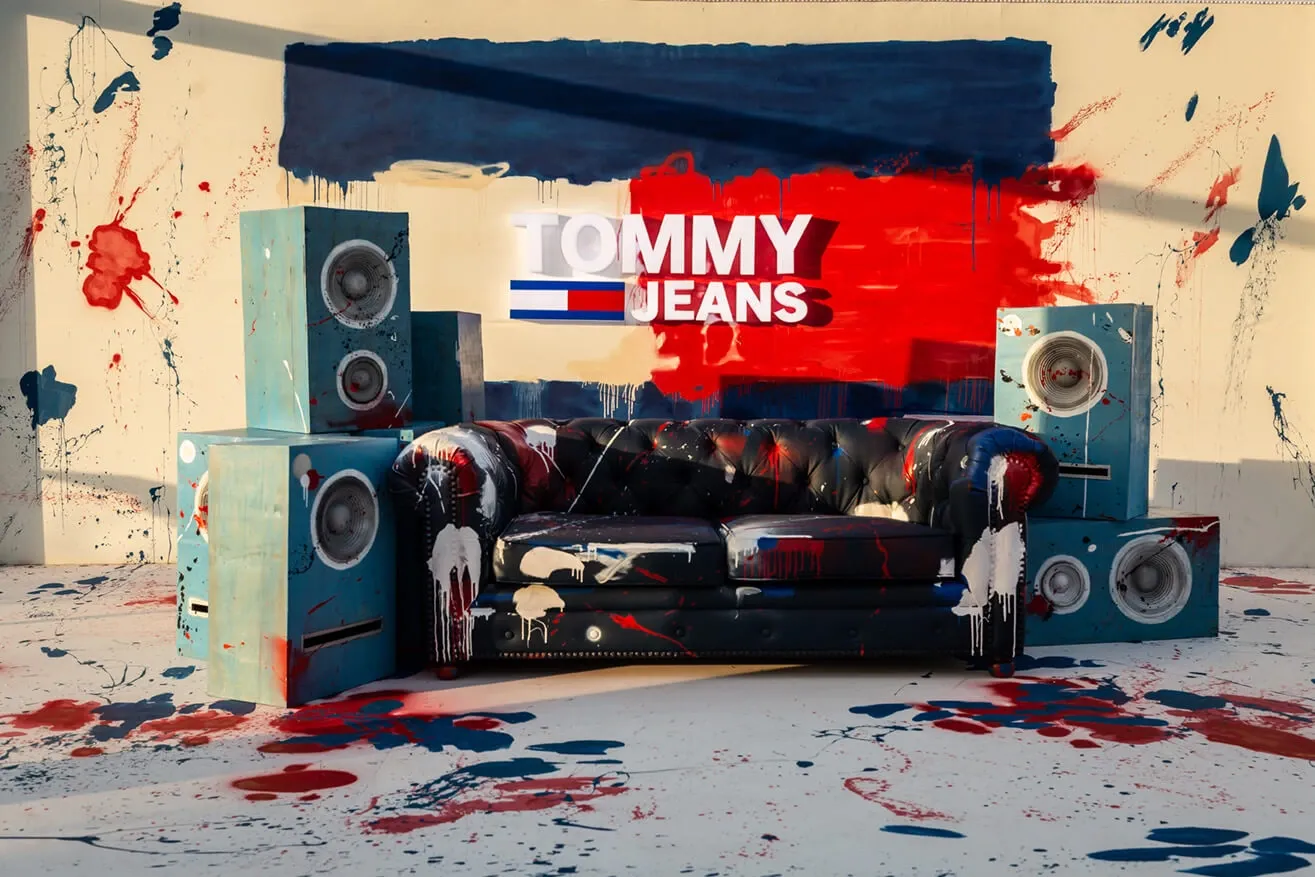 A paint-splattered sofa is placed among blue speakers in front of a wall with bold red and blue paint strokes and the 'TOMMY JEANS' logo.