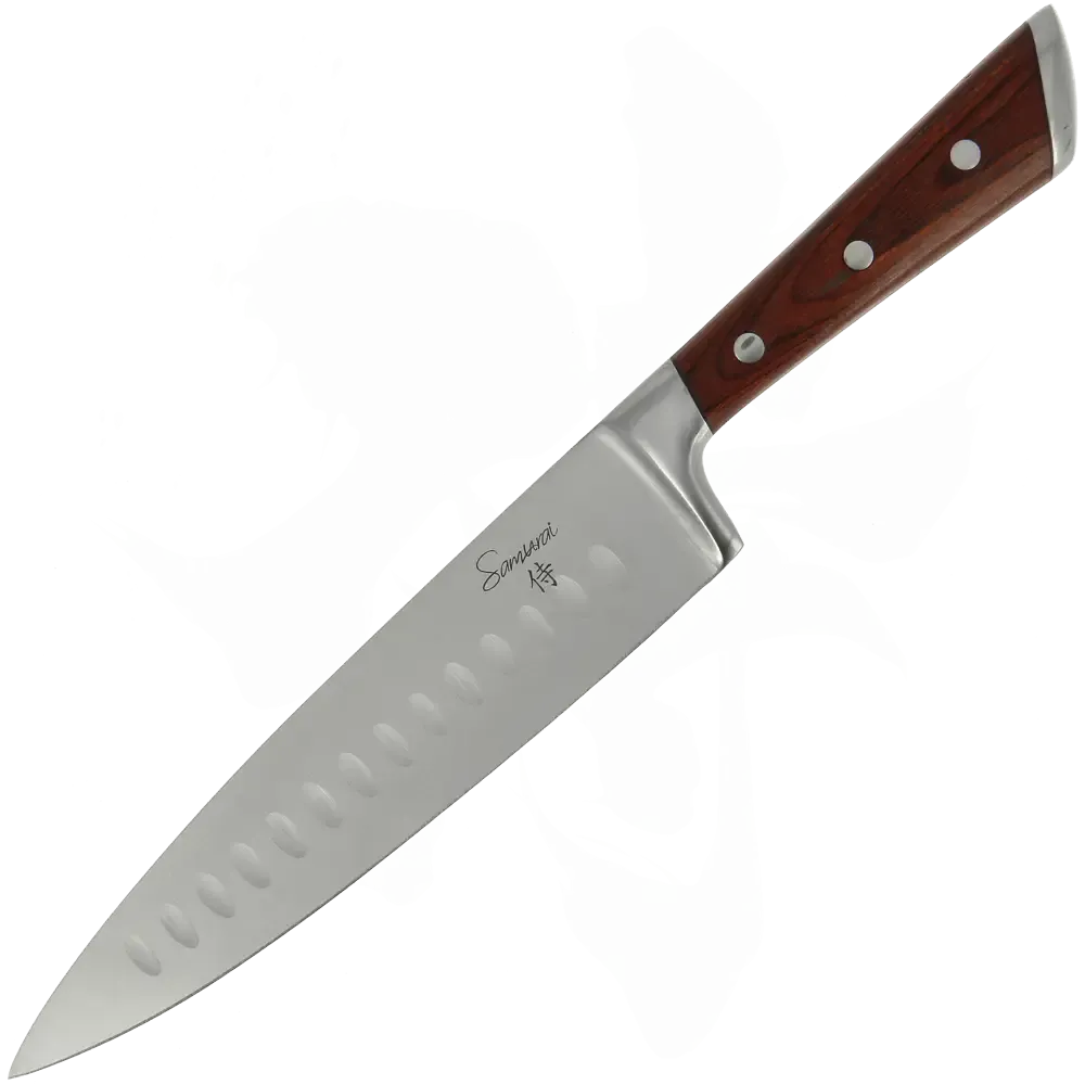 A carving knife with a wooden handle.