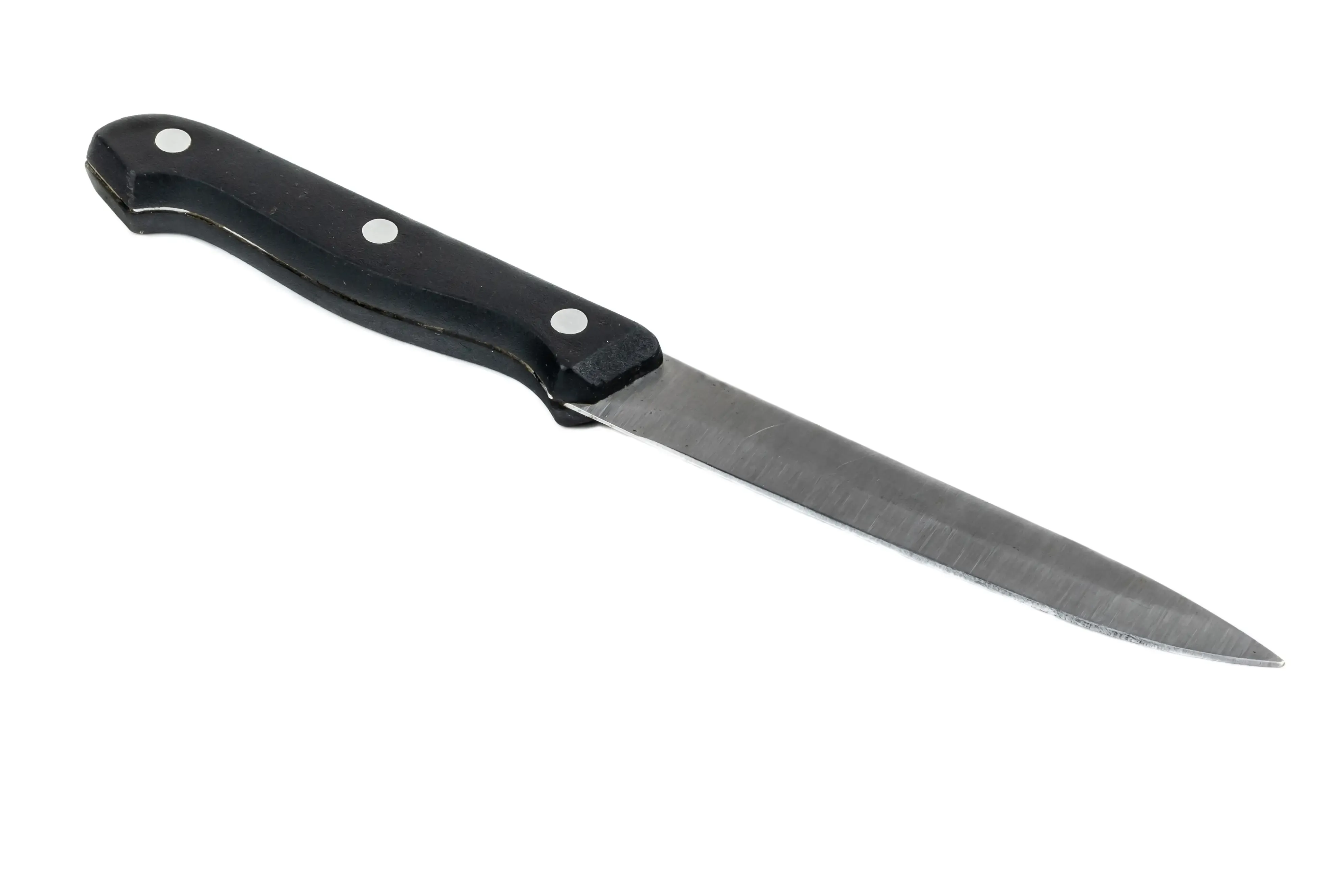 A knife with a black handle on a white background.