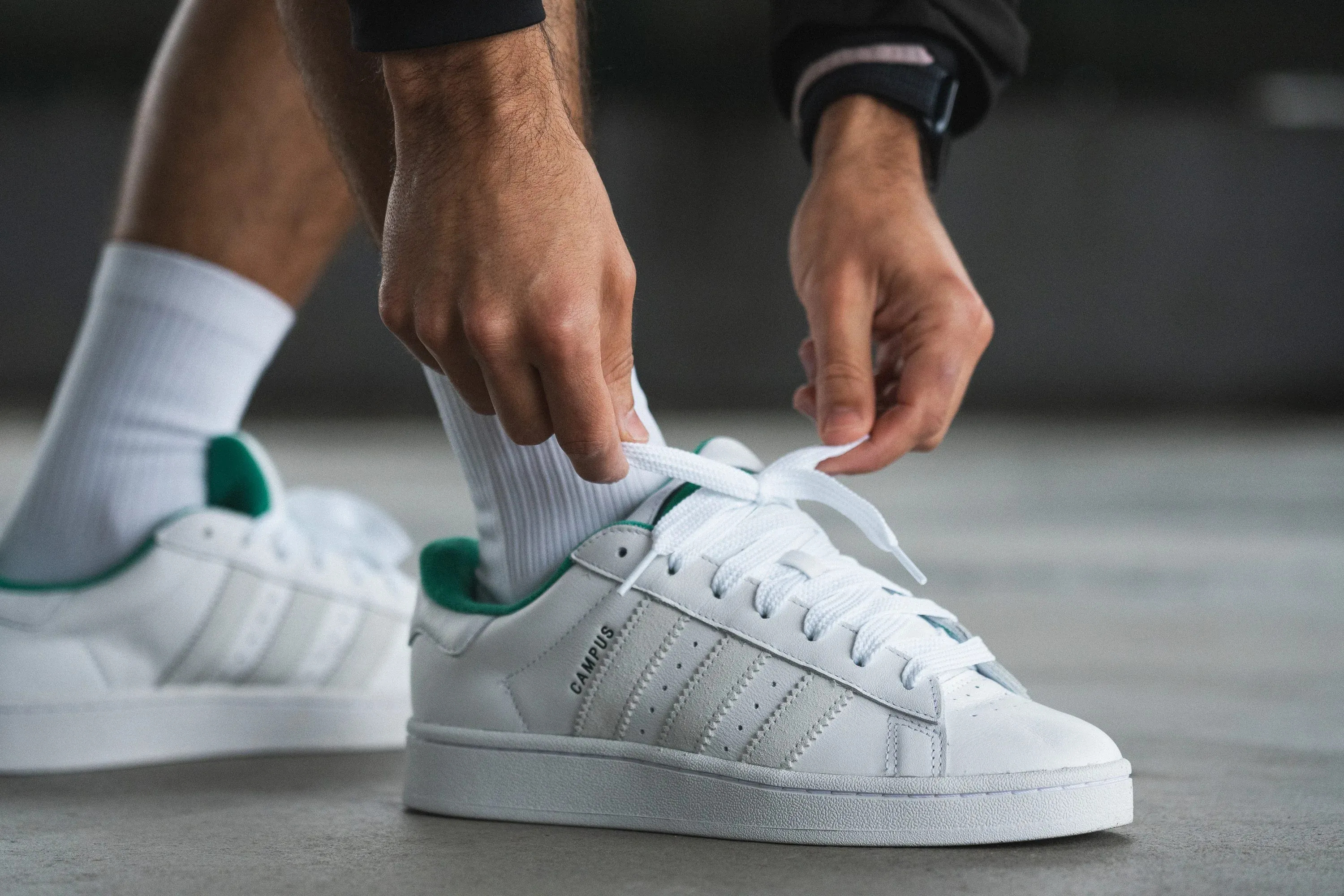 A person is tying the white laces on a pair of white Adidas Campus shoes with green accents.