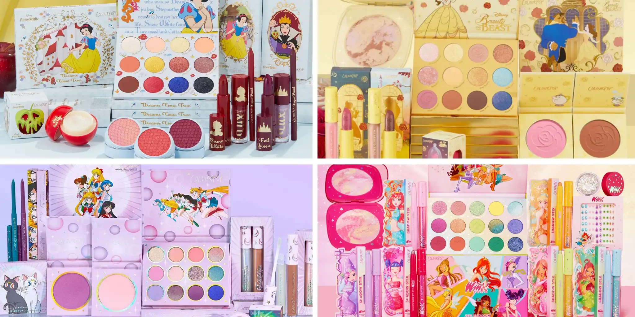 A collage of ColourPop makeup from Disney, Sailor Moon, and Winx Club collaborations