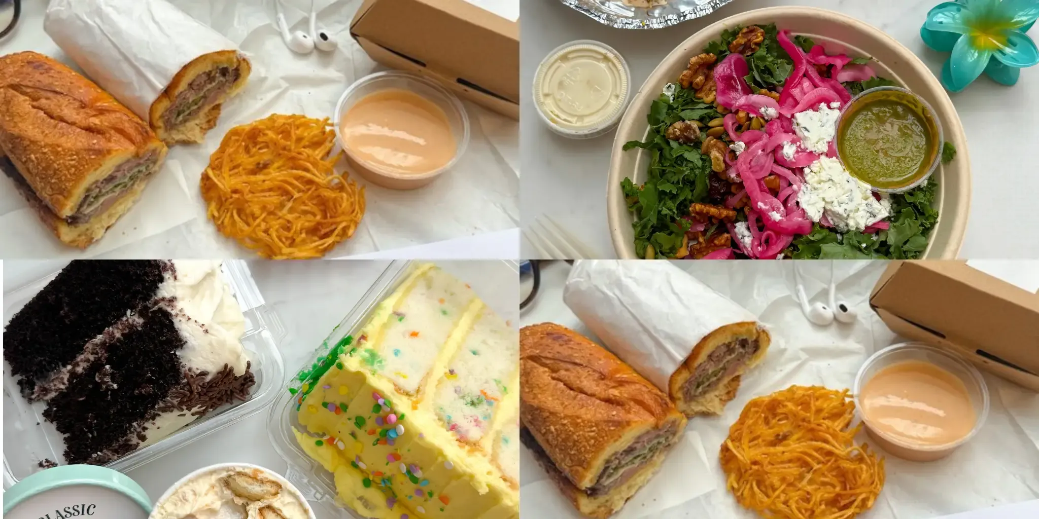 A Seamless collage of different takeout food items