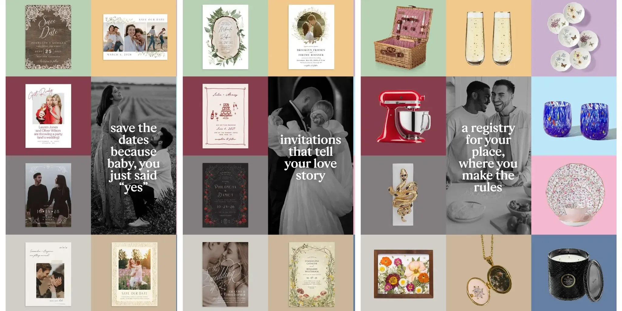 A collage of wedding invitations, couples, and registry gifts from The Knot.