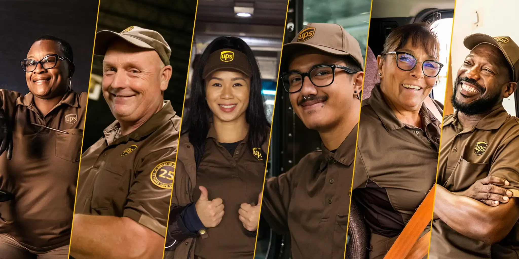 A montage of UPS employees in their brown uniforms.