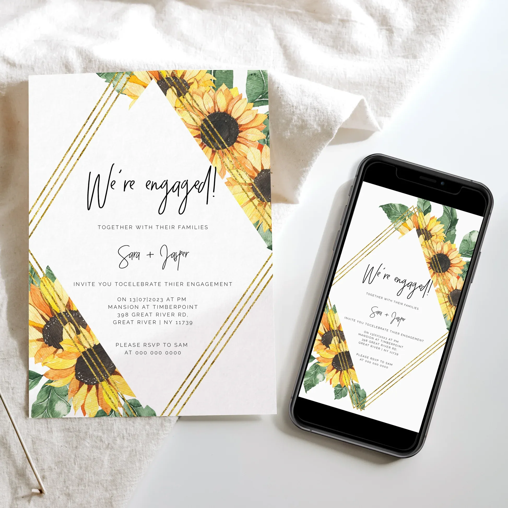 A sunflower-themed engagement invitation displayed in both print and digital formats.