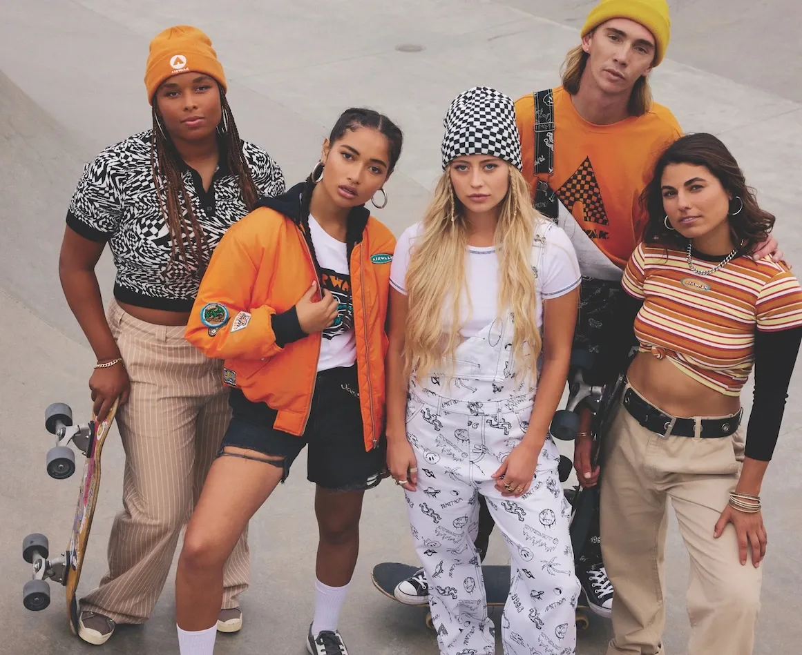 A group of young skaters pose together in stylish Forever21 streetwear at a skatepark.