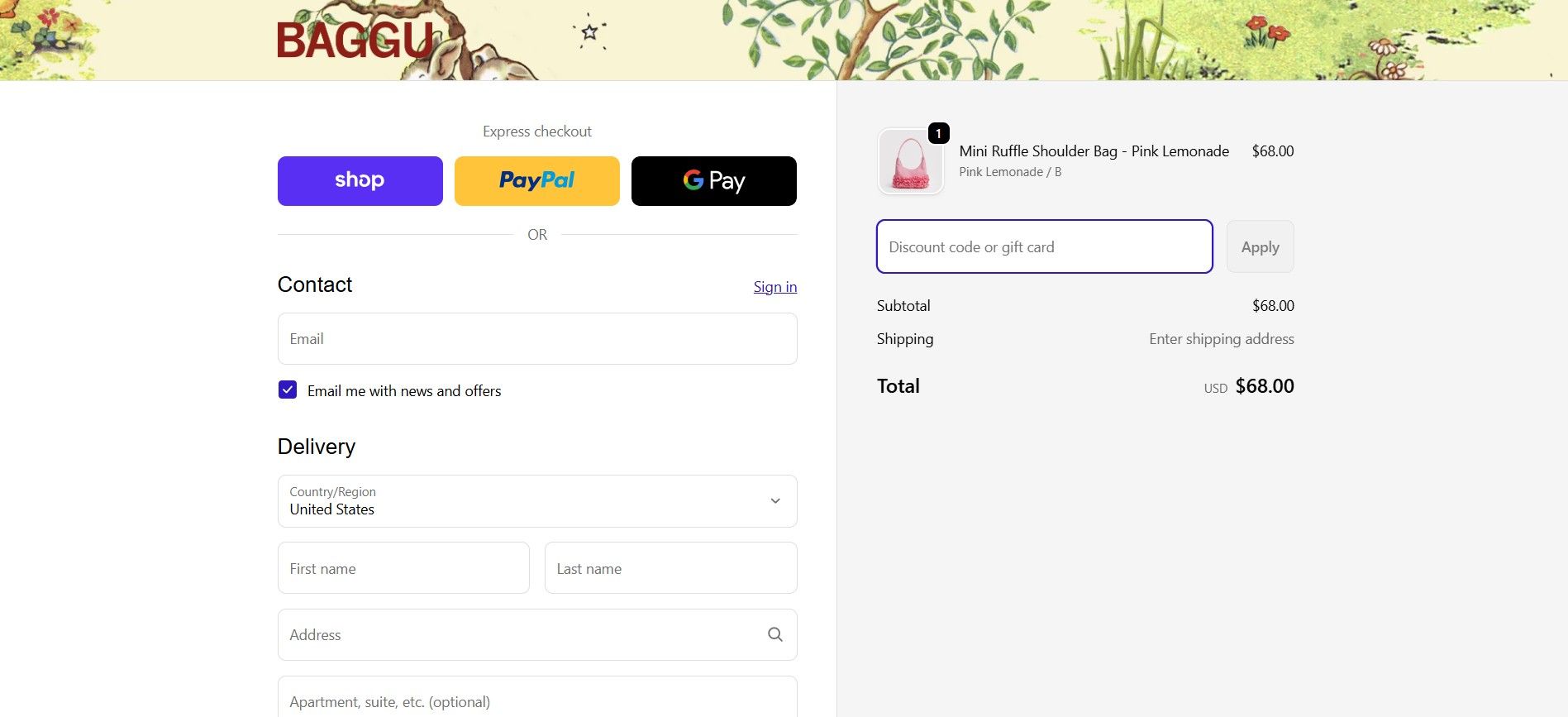A screenshot of Baggu checkout page.