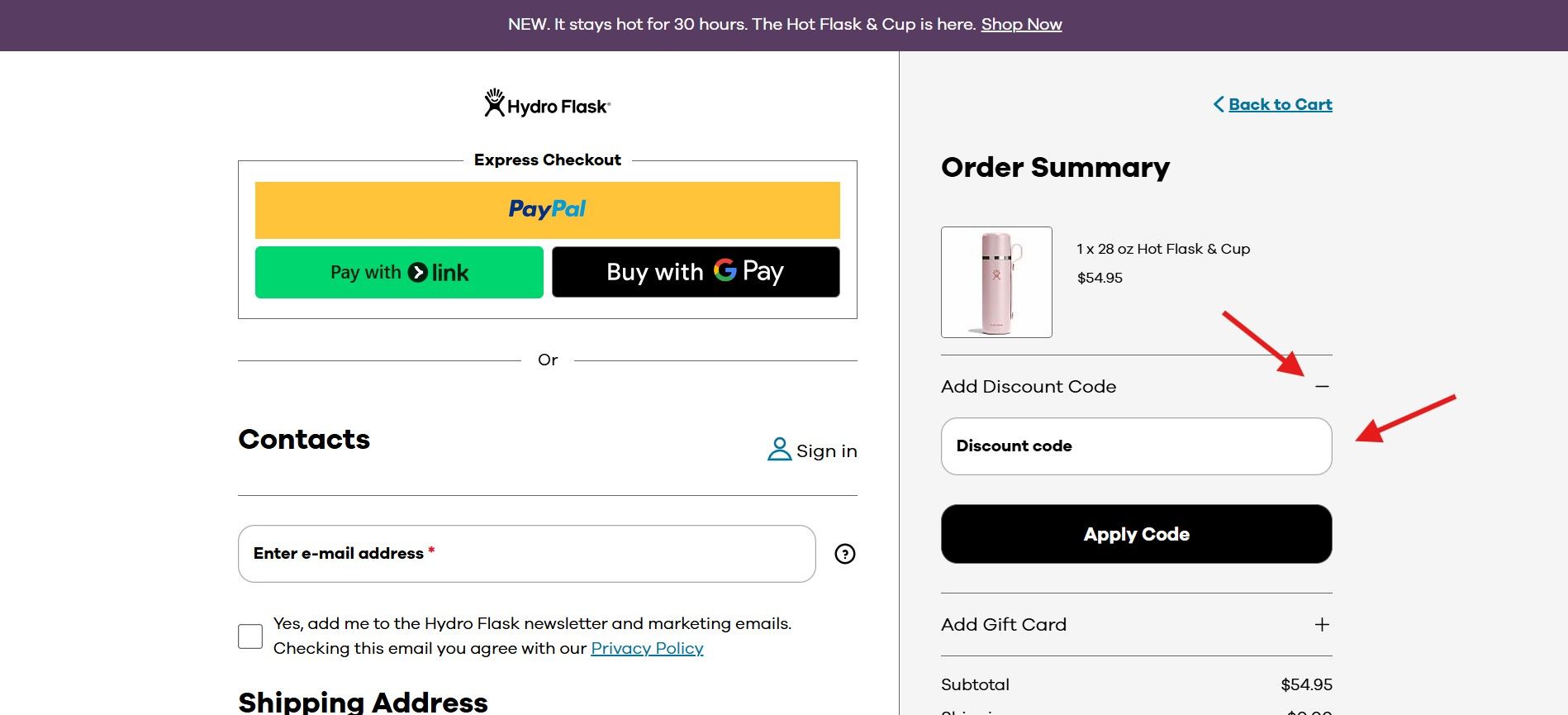 A screenshot of Hydro Flask checkout page.