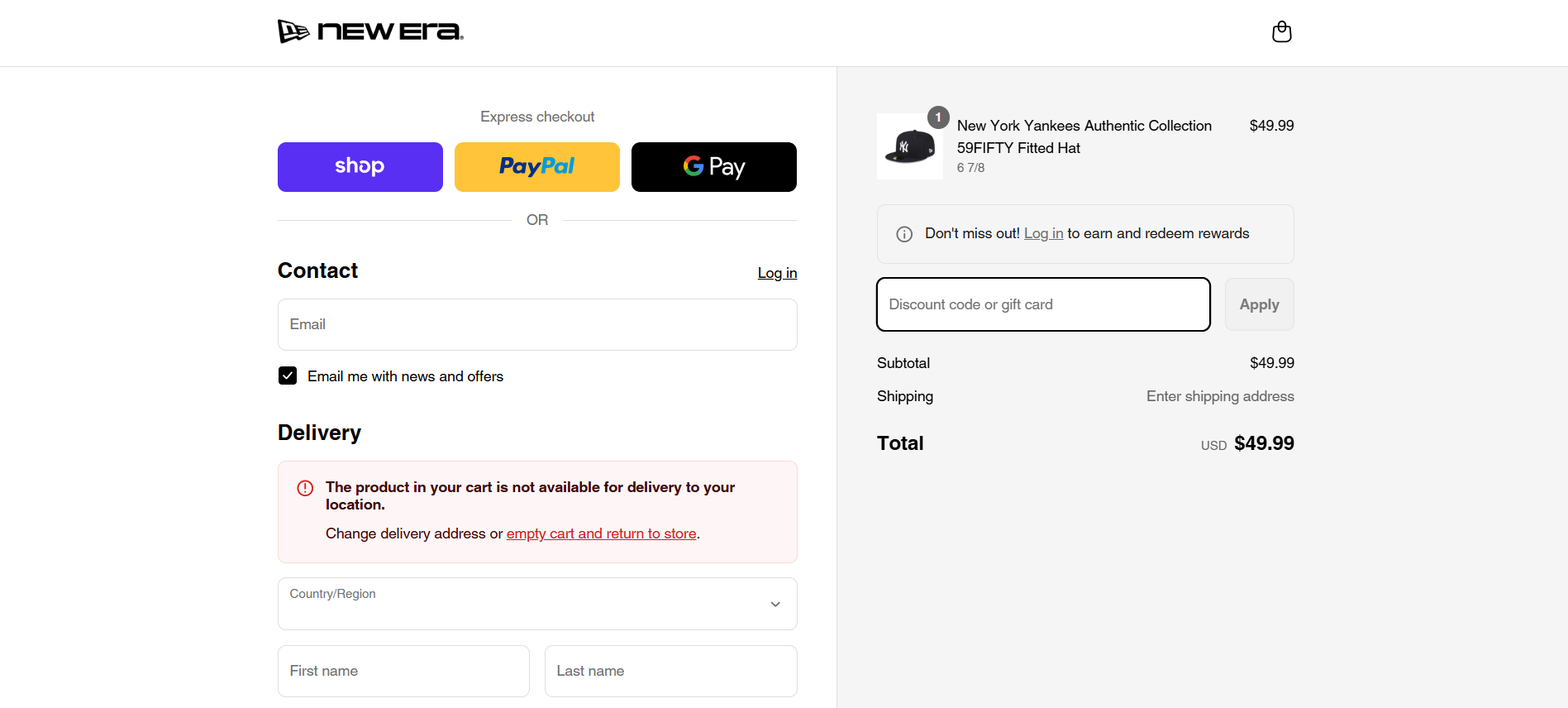 A screenshot of New Era checkout page.