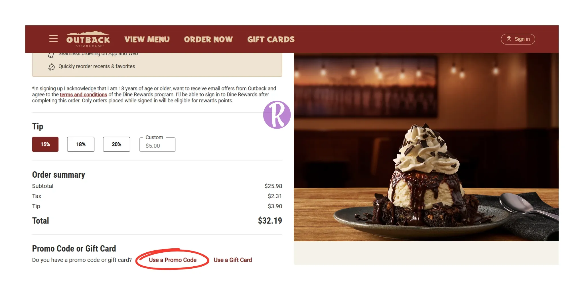 Outback checkout interface.
