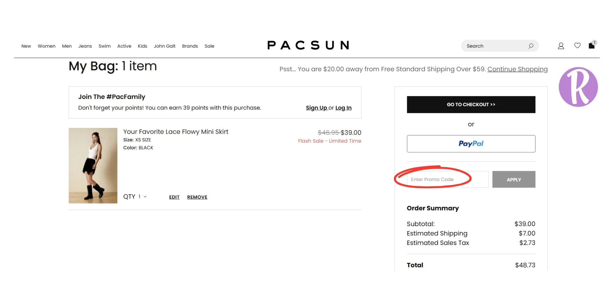 Pacsun checkout interface.