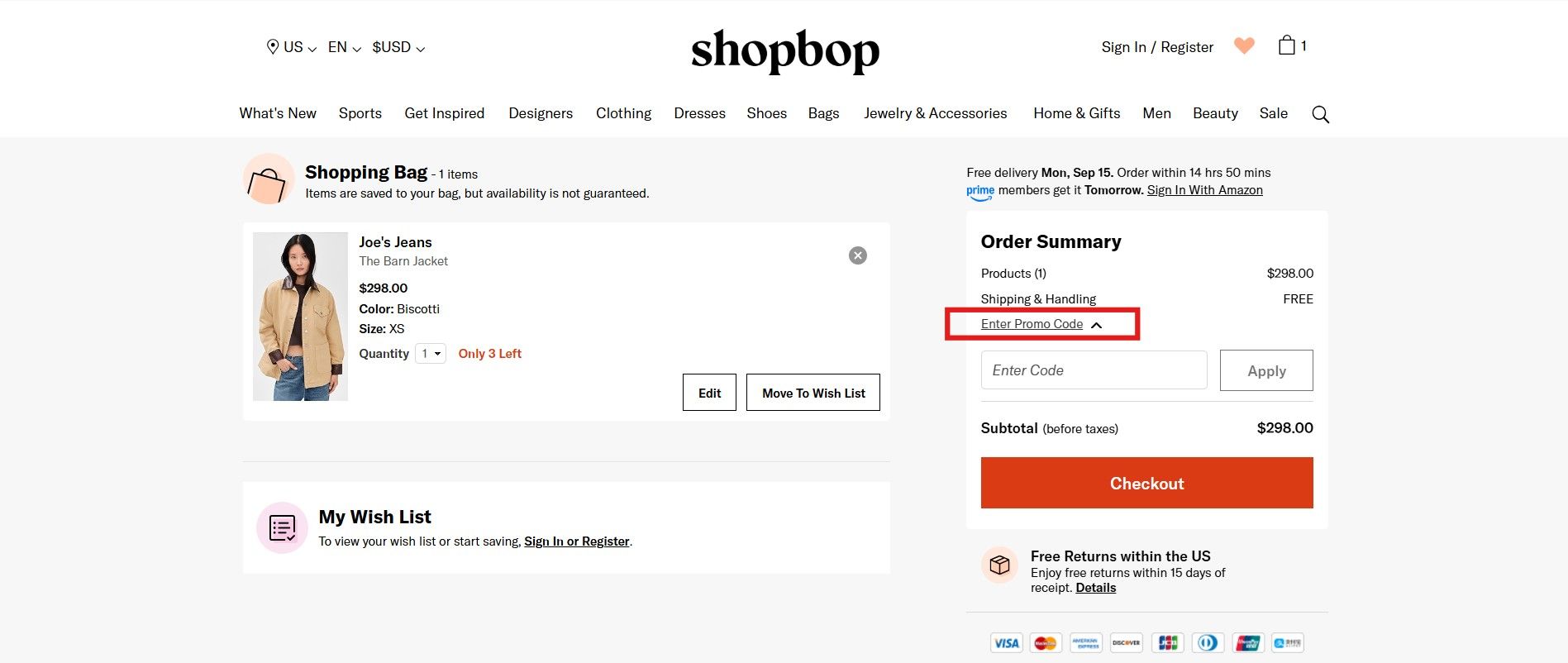 A screenshot of Shopbop checkout page.