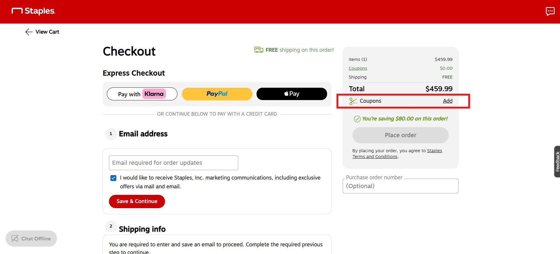 A screenshot of Staples checkout page.