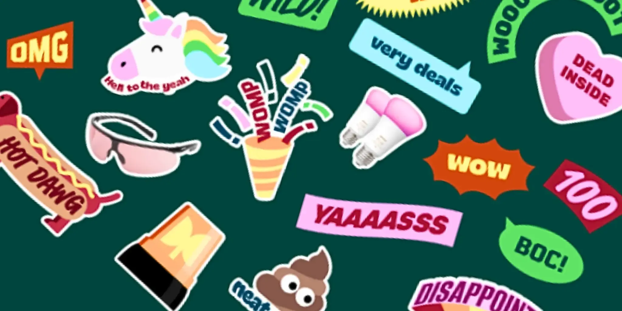 A variety of cartoon stickers, including a unicorn, poop emoji, and speech bubbles.