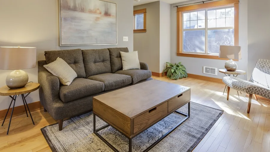 Bright modern living room with family relaxing, representing a safe home environment