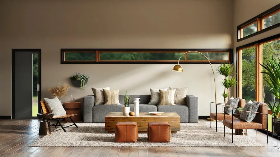 Bright modern living room with furniture and natural light, showing home interior design and air circulation space
