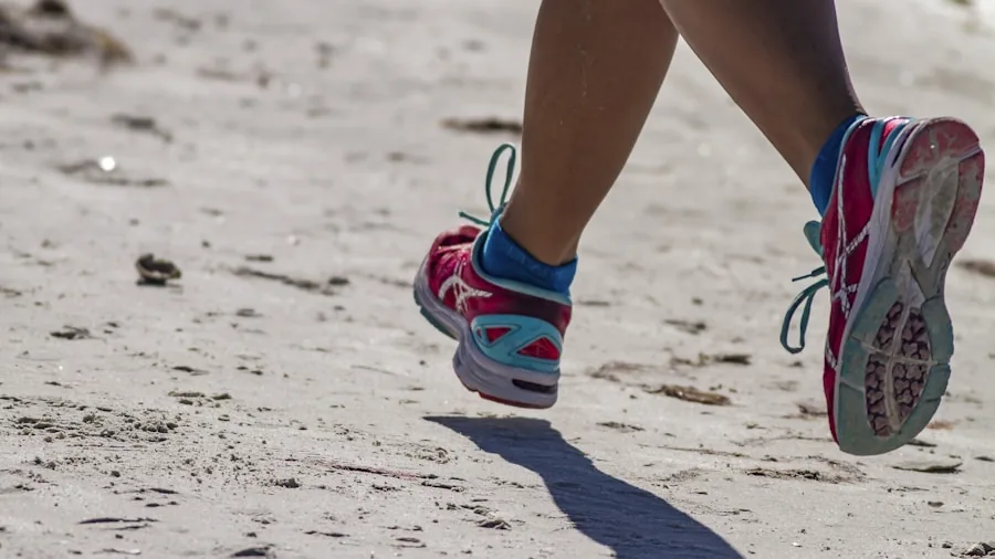 Close-up of a runner's foot in a breathable mesh shoe during an outdoor run