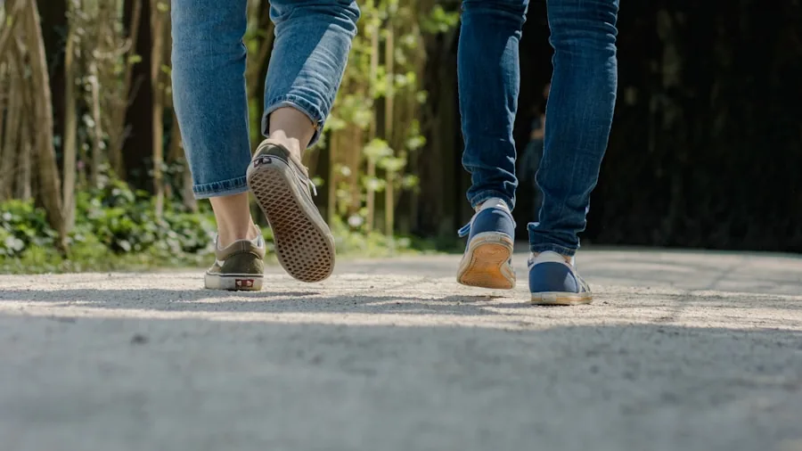 Close-up of breathable mesh shoe material on person walking outdoors