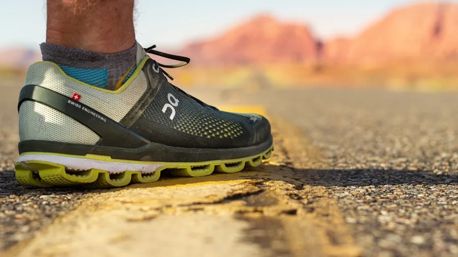 Close-up of worn athletic shoes showing signs of wear and tear from extensive running use