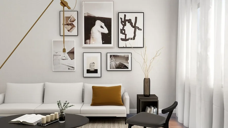 Contemporary living room with framed artwork displayed on white wall above furniture